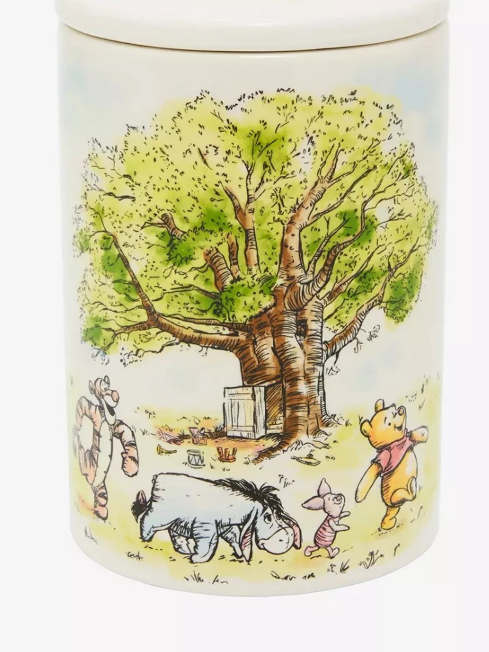 Disney Winnie the Pooh Ceramic Jar with Green Tree and Pastel Accents